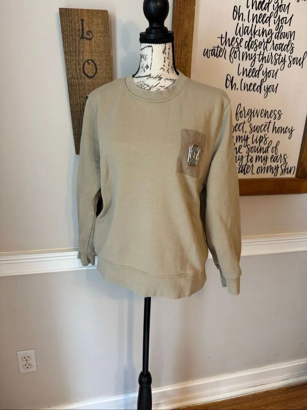 Zara Women's Brooch Accent Crew Neck Pullover Sweatshirt Khaki Beige Size Medium